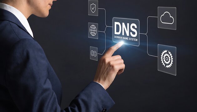Business person touching digital DNS server network interface on a virtual screen