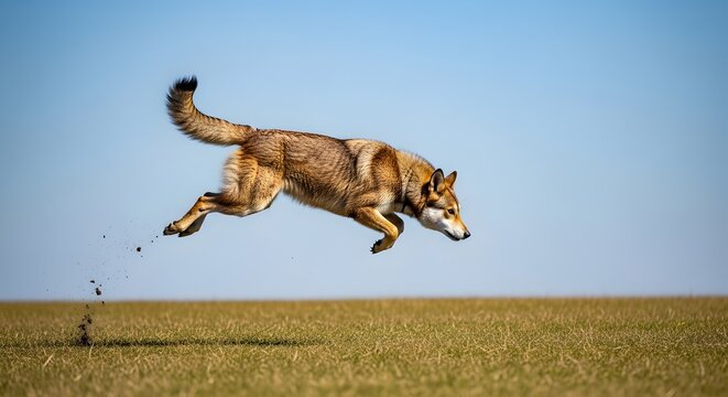 Wild wolf leaping through the air above grass field under blue sky with wildlife, predator