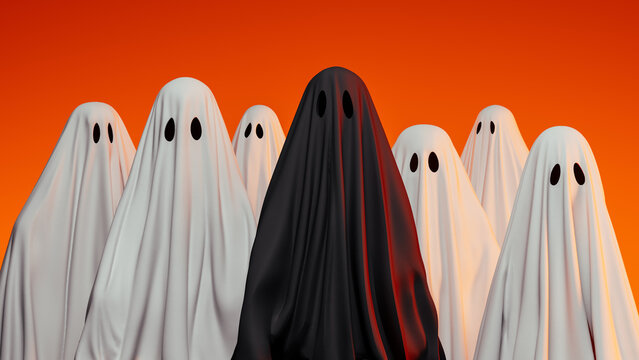 Black Ghost Among White Sheet Ghosts on Orange Background