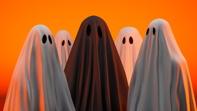 Five Sheet Ghosts on Bright Orange Halloween Background