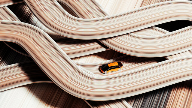 Orange Electric Car Driving Through Abstract Road Network