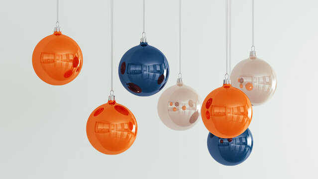 Orange Blue and Pearl Christmas Baubles Hanging in Rows