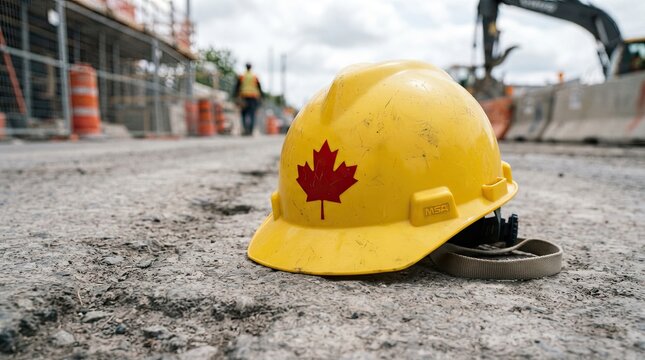 Yellow hard hat with a canadian maple leaf logo resting on a construction site for labor day