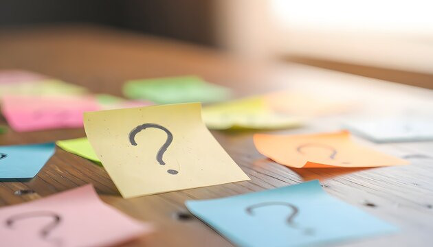 Colorful sticky notes with hand-drawn question marks on wooden desk, brainstorming and idea concept