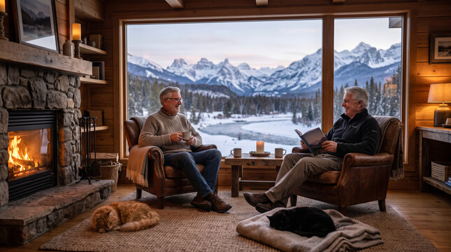 Almost dreamy, afterlife Mini Retirement for two handsome older men in a Quiet Cabin Snow Retreat near a mountain river with Cozy Fireplace and Panoramic View of a heavenly river pasture out a window