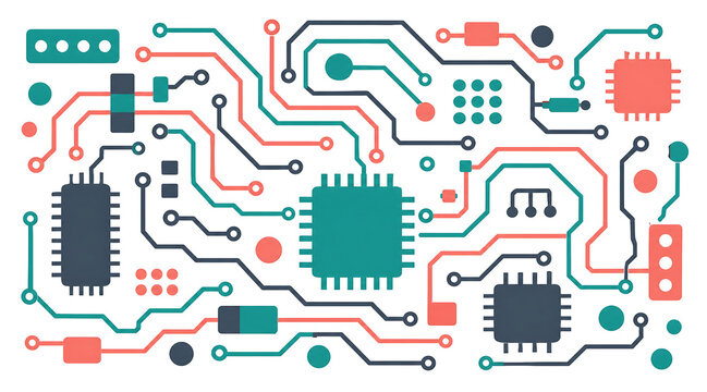 Flat vector illustration of an abstract circuit board pattern with overlapping lines and components on a white background.