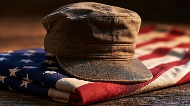 Worn military cap resting on folded American flag during warm sunset lighting conceptualizing remembrance