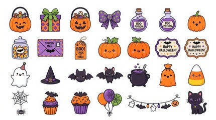 Fototapeta premium Cute halloween vector sticker set with pumpkins, ghosts, bats, and treats isolated on white background