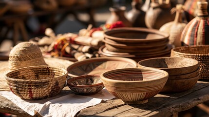 Fototapeta premium Woven baskets and pottery displayed on a rustic wooden table during a sunny outdoor market
