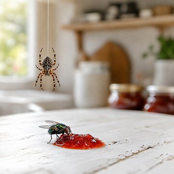 The Prose of Life A spider stalking a fly eating jam, the concept of predator and prey, danger and temptation on a rustic kitchen table with dramatic tension