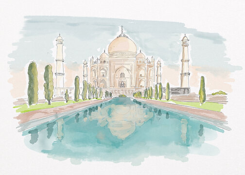 Watercolor illustration of Taj Mahal and reflecting pool