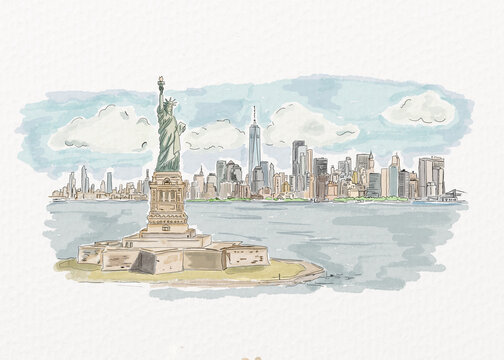 Watercolor illustration of Statue of Liberty and New York skyline