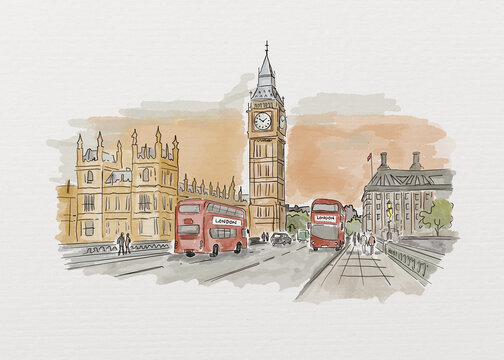 Watercolor illustration of Big Ben and London street scene