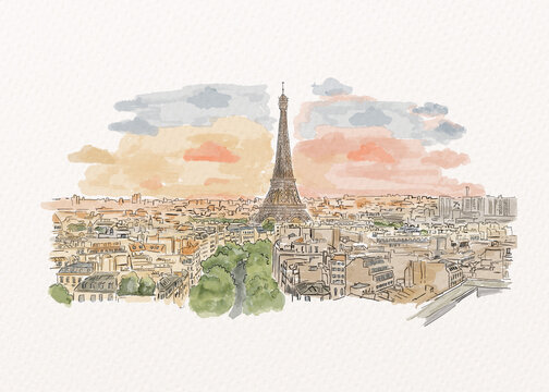 Watercolor illustration of Paris skyline with Eiffel Tower