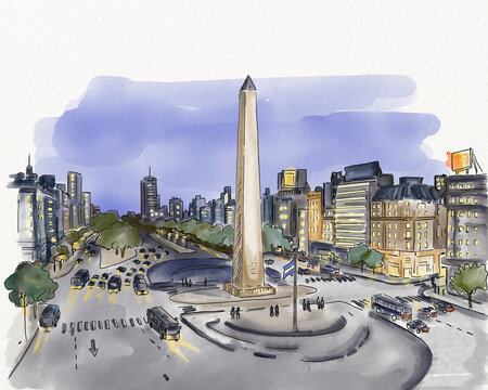 Illustrated Obelisk monument in Buenos Aires city center