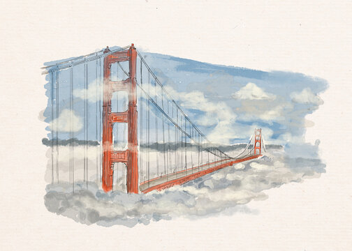 Watercolor illustration of Golden Gate Bridge above clouds