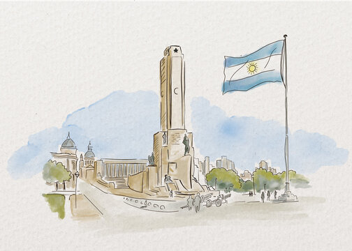 Argentine Flag at monument in Rosario city illustration