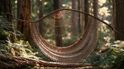 Fototapeta premium Woven natural fiber hammock hanging between trees in sunlit forest with soft bokeh background