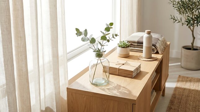 Minimalist home interior with wooden console table and eucalyptus plant by sunny window.