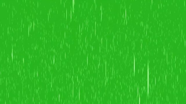 Heavy realistic rain drops falling vertically isolated on bright green screen background overlay