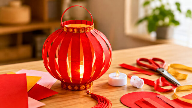 Handmade Glowing Red Paper Lantern for Mid-Autumn Festival Craft and Decoration