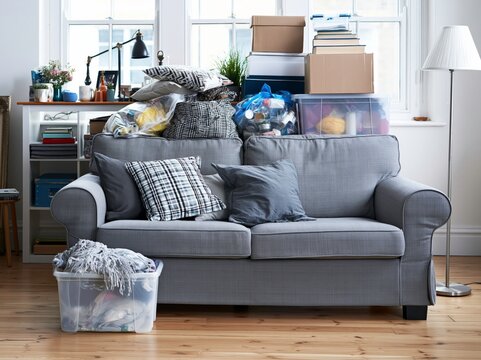 Household belongings stacked on sofa and shelves in rented apartment during daylight