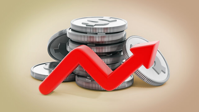Coin stack with rising arrow isolated on warm background. 3D iilustration