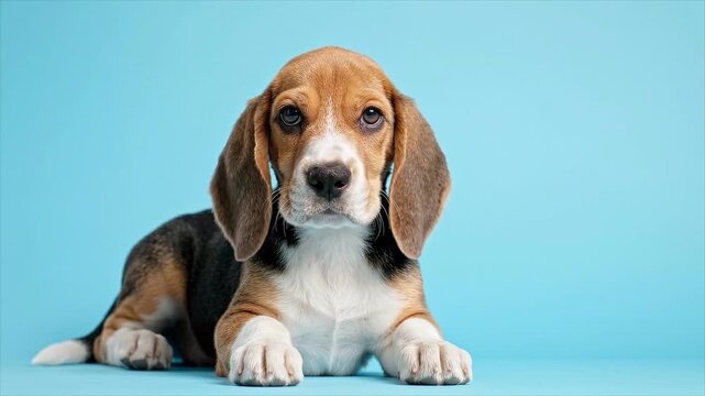 Cute beagle puppy sits against a clean pastel blue studio background with generous advertising copy space.