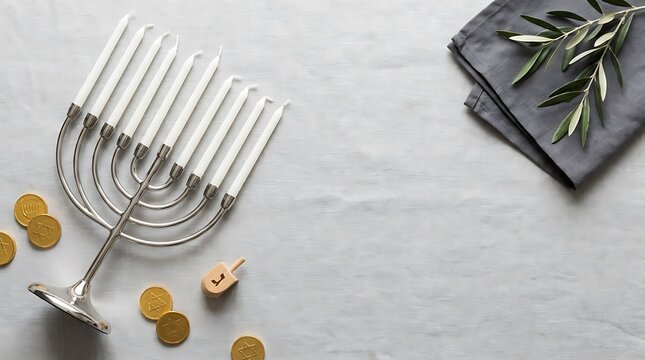 Silver Hanukkah Menorah with candles and gold coins on a minimal grey linen background