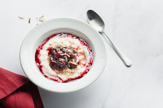 Risalamande Danish rice pudding with cherry sauce and almond