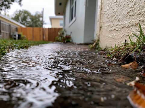 Water pooling in the yard of a ground-floor rental unit during overcast weather