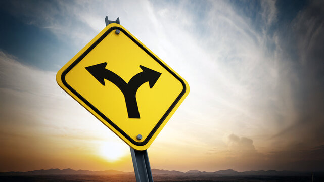 Two ways road sign on setting sun background. 3D iilustration