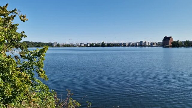 Wide view across Ziegelinnensee lake in Schwerin, Germany