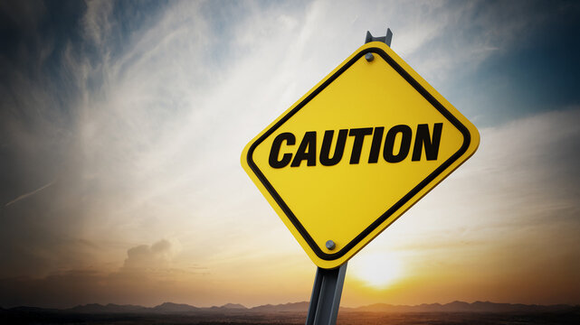 Caution road sign on setting sun background. 3D iilustration