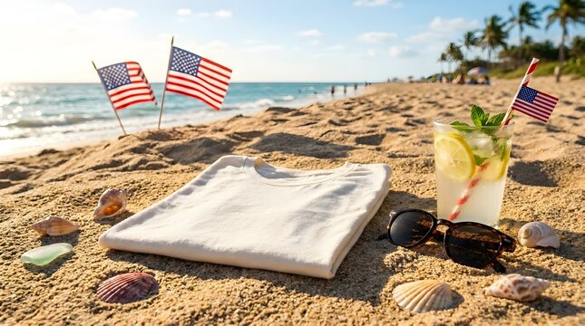 Summer beach scene with a blank white tshirt, sunglasses, a refreshing lemonade drink with an american flag straw, and seashells on the sand with flags in the background