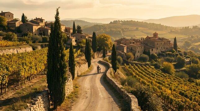 A person walking with a bicycle on a scenic winding road through a picturesque tuscan village surrounded by golden vineyards during a warm sunset in italy
