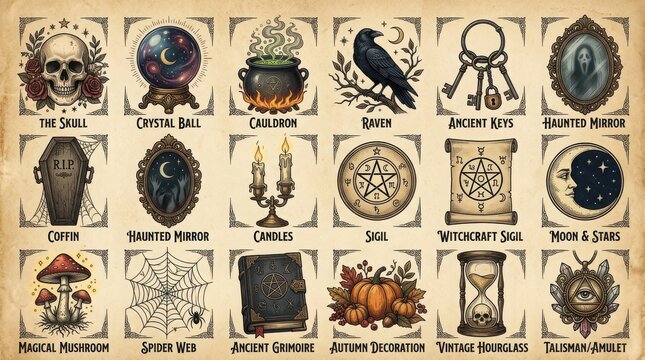 Set of vintage occult and witchcraft symbols, hand drawn illustrations of magical items for halloween