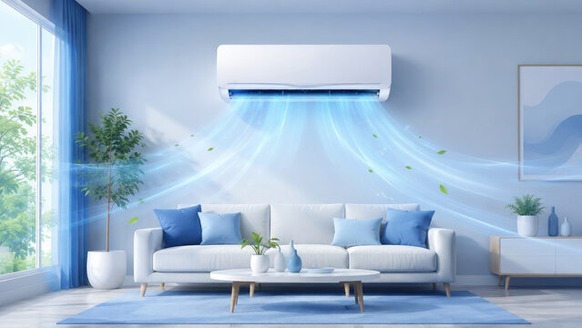 Modern living room with a wall-mounted air conditioner blowing cool blue airflow over a white sofa and minimalist decor