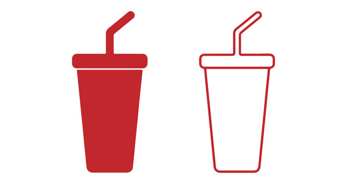 Empty red and white disposable cups with straws isolated on plain background for fast food or beverage branding