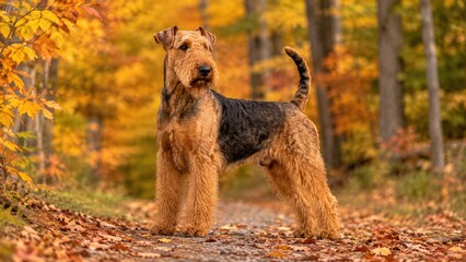 Fototapeta premium A regal Airedale Terrier standing on a leaf-strewn forest path surrounded by vibrant autumn foliage