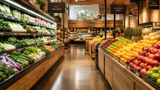 Bright supermarket produce section with wooden display bins showcasing fresh fruits and vegetables, warm lighting, polished aisle and visible signage