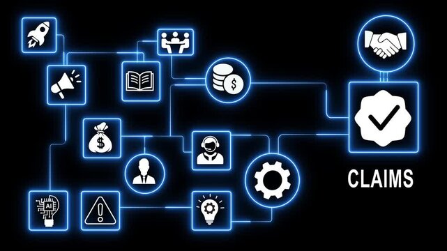 Digital claims processing workflow infographic with glowing neon and network connectivity animation insurance
