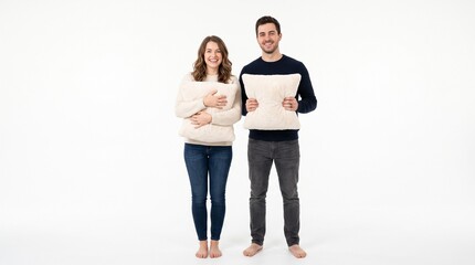Obraz premium Happy Couple Holding Plush Pillows Against White Background