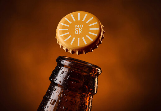 Bottle Cap Mockup Floating Above Wet Amber Glass Bottle