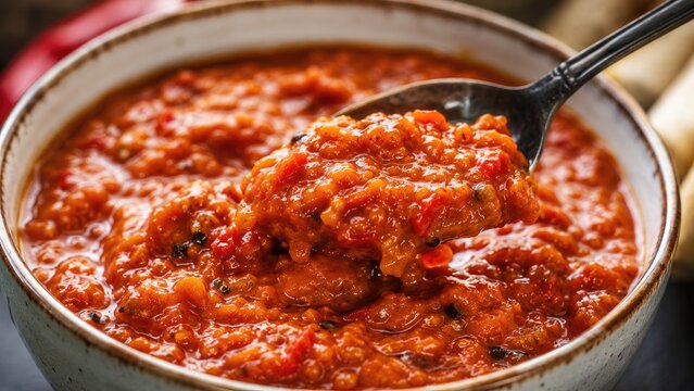 Chunky roasted red pepper sauce in a ceramic bowl with a spoon, vibrant red-orange texture and glossy oil sheen