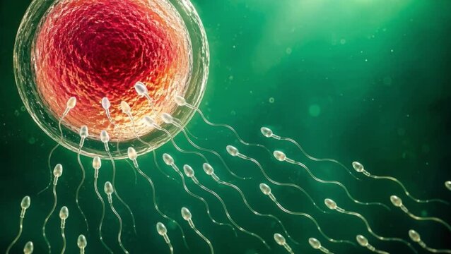 Egg cell with sperm approaching for IVF fertilization, reproductive medicine, embryology and female infertility therapy.