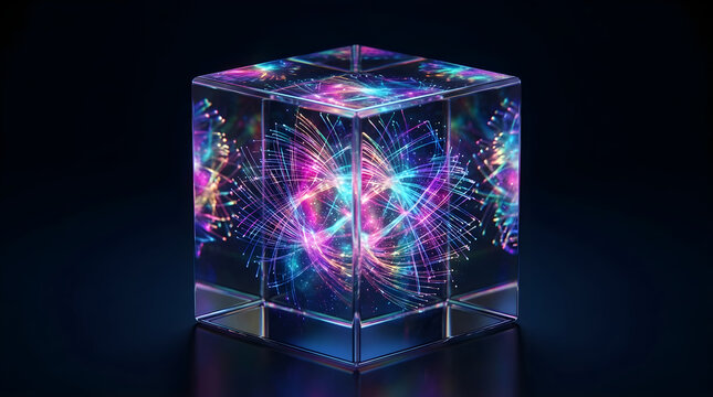 Glowing colorful light particles exploding within a transparent glass cube on a dark background, representing abstract technology.