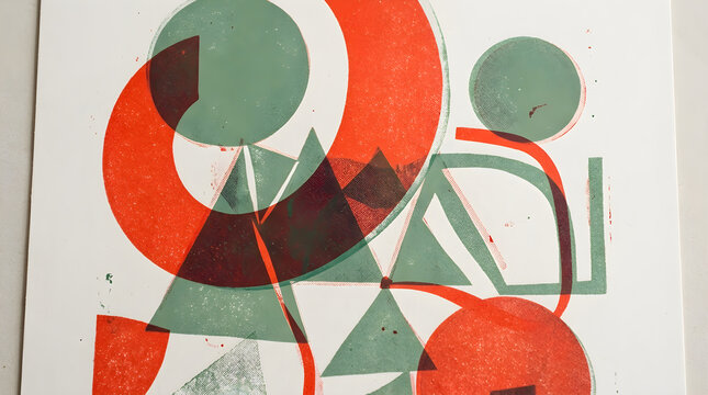Abstract geometric art print with overlapping red and green shapes and textures on white paper.