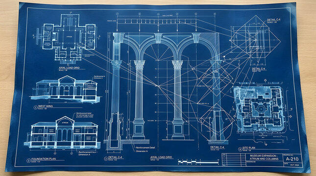 Detailed architectural blueprint for museum expansion featuring classical column design and structural layout plans for construction.