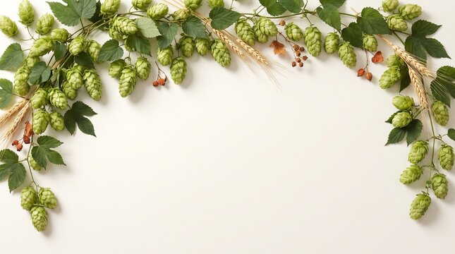 Oktoberfest Botanical Border with Fresh Hop Vines, Wheat and Leaves on Cream Background